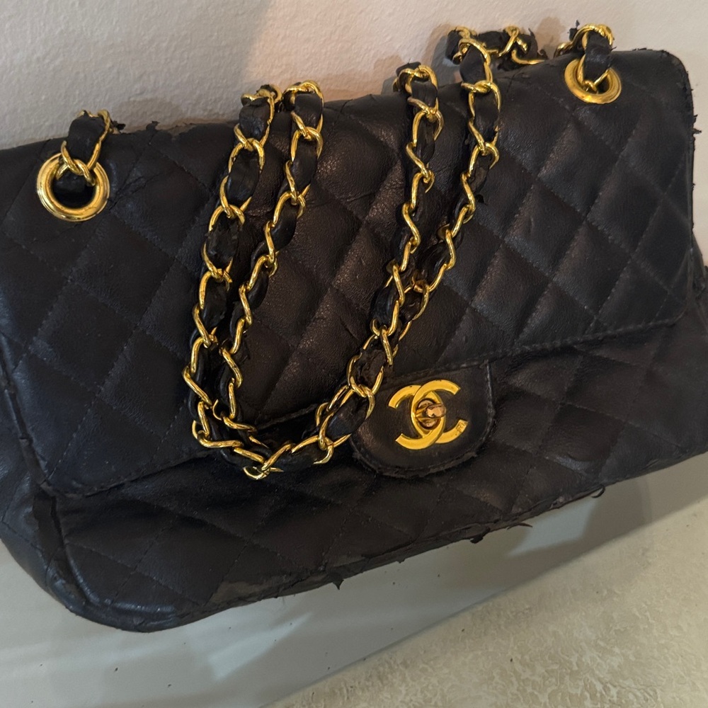 Chanel Paris Black Quilted Leather Bag with Gold Chain